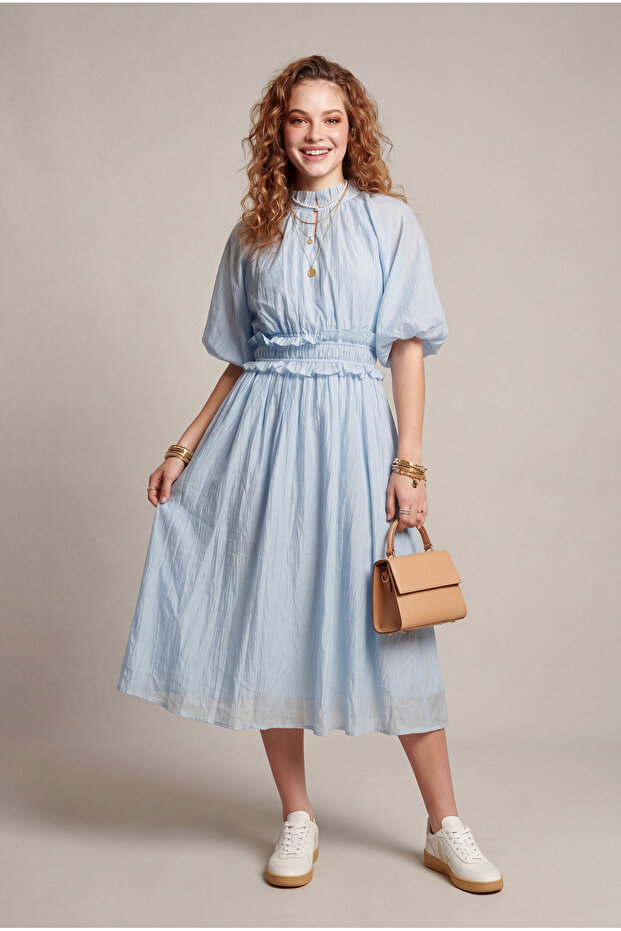 Pretty Blue Puff Sleeve Dress Blue