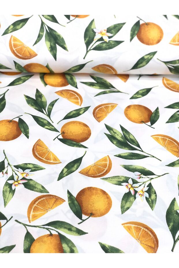 Fabric Duck Cloth Linen Fabric (100X180) (High Contrast) Orange Pomegranate and Cake Patterned Duck Fabric