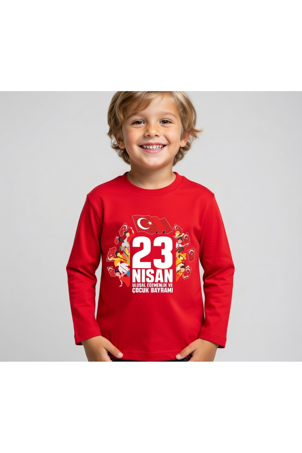 Long Sleeve Large April 23 Written Foreign Children on the Edge Printed Children T-Shirt