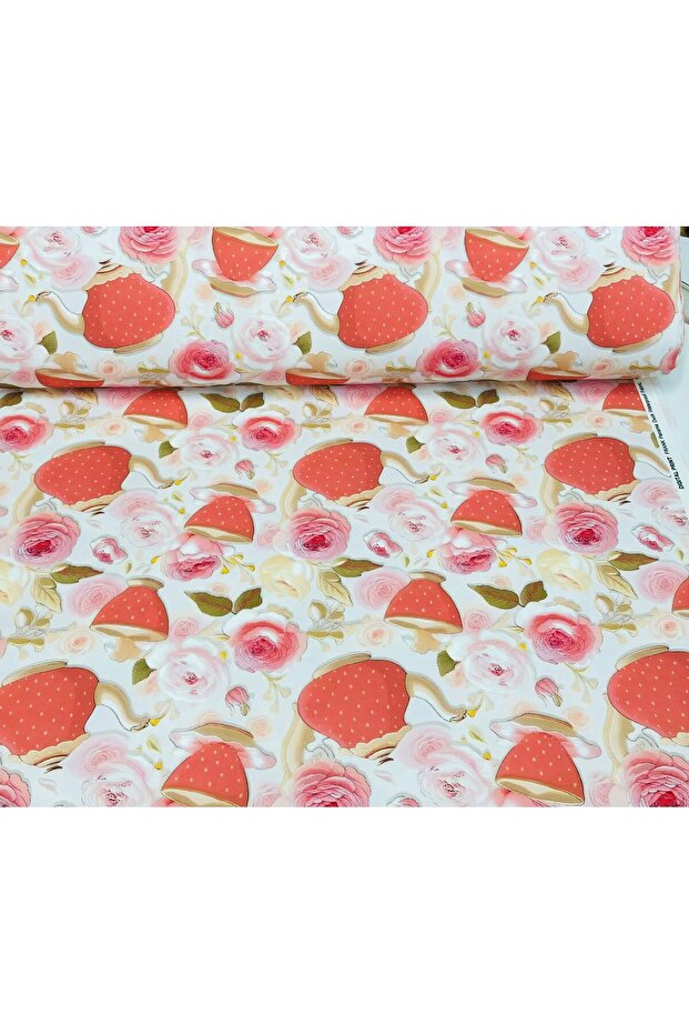 Fabric Duck Cloth Linen Fabric (100X180) (High Contrast) Orange Pomegranate and Cake Patterned Duck Fabric