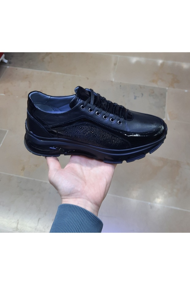 Men's Inside-Outside Genuine Leather Leather Opedi̇k Seasonal Casual Black Patent Leather-Skin Leather Combination Leather Shoes