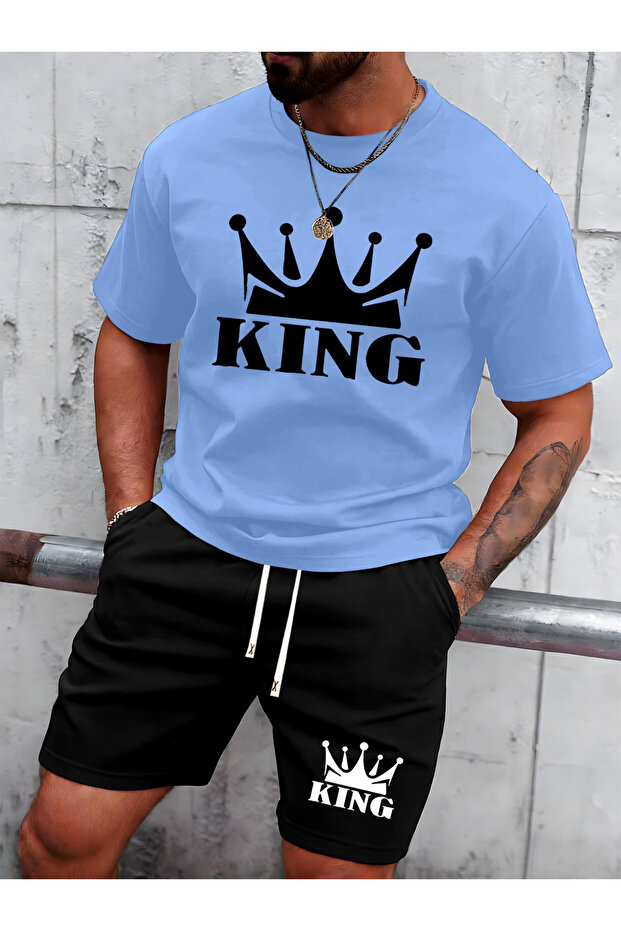 King shorts t-shirt - shorts bottom top tracksuit set Printed Oversized crew neck