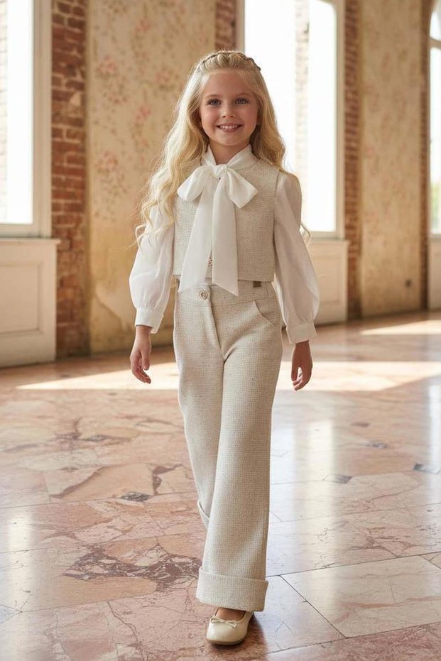 Girl's Scarf Detail, Chiffon Shirt Square Pattern Knitwear Vest and Chanel Trousers Cream Bottom Top Set