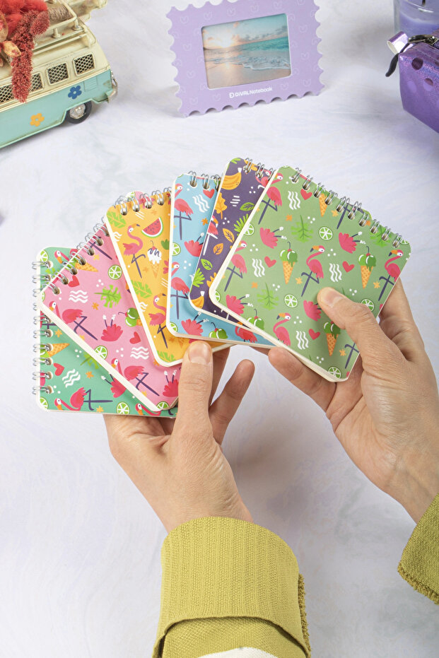 10X10 cm 6-Pack Cardboard Cover Spiral Pocket Notebook Notepad - Flamingo