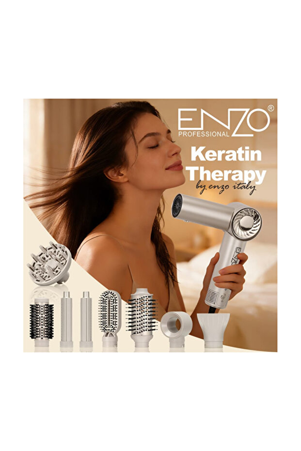 Enzo 6208 Foldable Hot Air Hair Dryer Brush Set with 8 Attachments Keratin Therapy Styling Tool