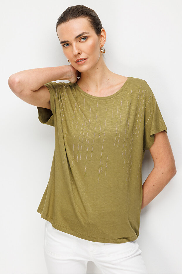Women's Crew Neck Waterway Stone Low Sleeve Combed Cotton T-Shirt 26833 Khaki