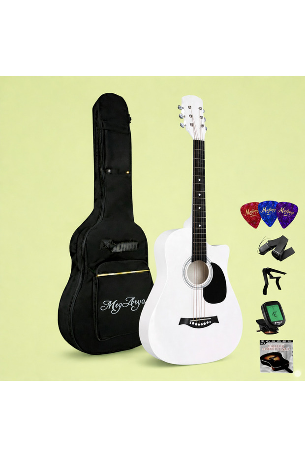 38-Inch White Acoustic Guitar with Water Black Pickguard – Complete Bundle