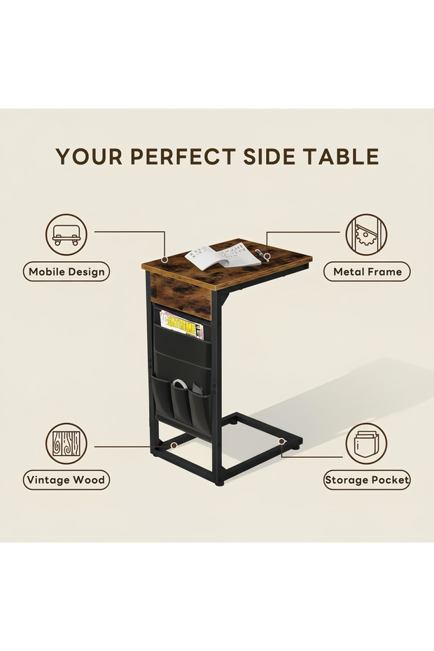 Rustic C-Shaped End Table with Side Storage Pocket - 5