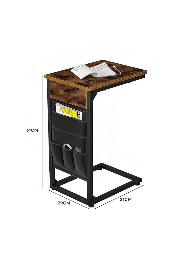 Rustic C-Shaped End Table with Side Storage Pocket - 7