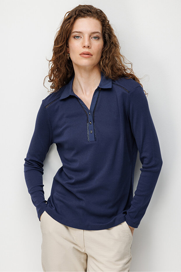 Women's Polo Collar Needle Embroidered Pa Cotton Combed Cotton Blouse 26806 Navy Blue