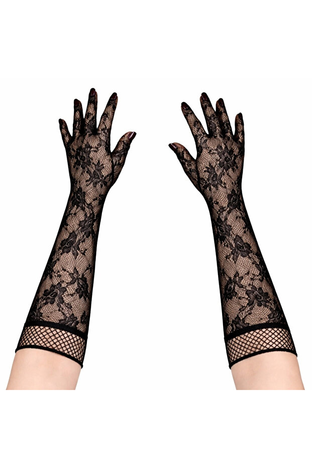 Black Long Rose Patterned Lace Women's Gloves Rsieg430-Cc84