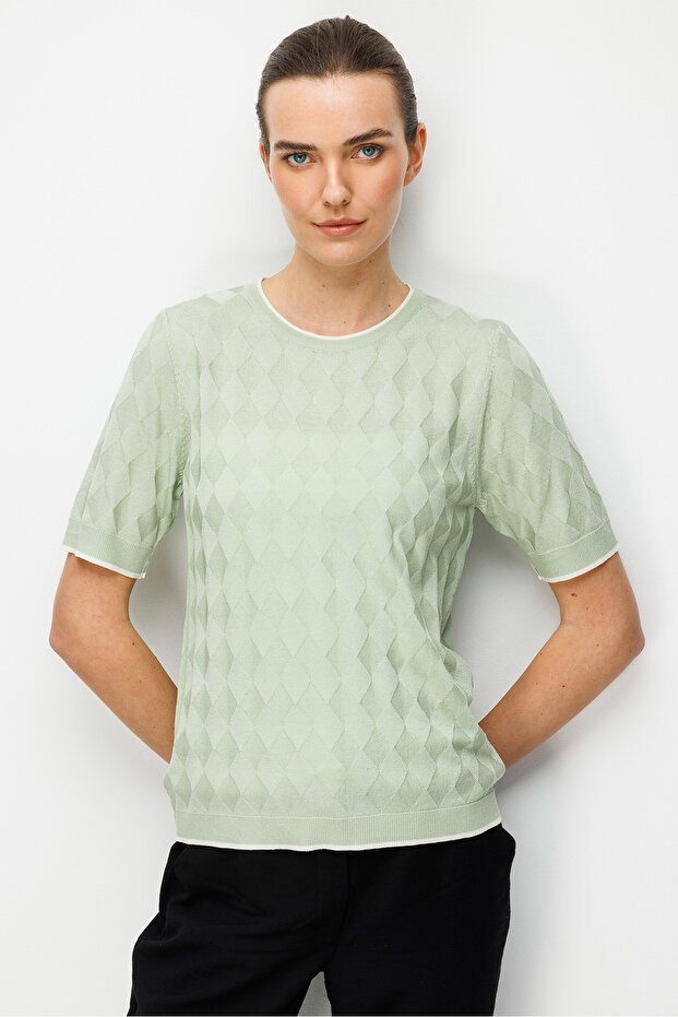 Women's Crew Neck Diamond Patterned Fine Knit Blouse 26358 Dark Green