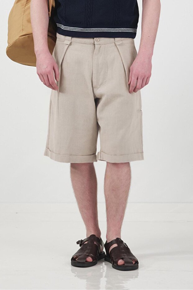 Beige Linen Shorts with Pocket Details