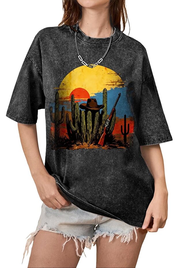 Women's Black Oversized T-Shirt Western Adventure Cactus and Sunset Printed 100% Cotton