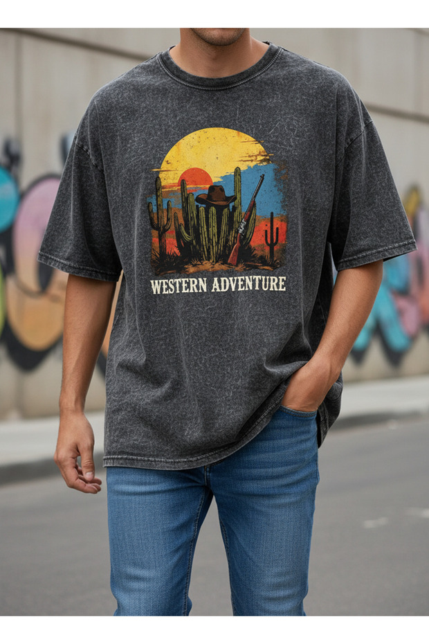 Men's Black Oversized T-Shirt Western Adventure Cactus and Sunset Printed 100% Cotton