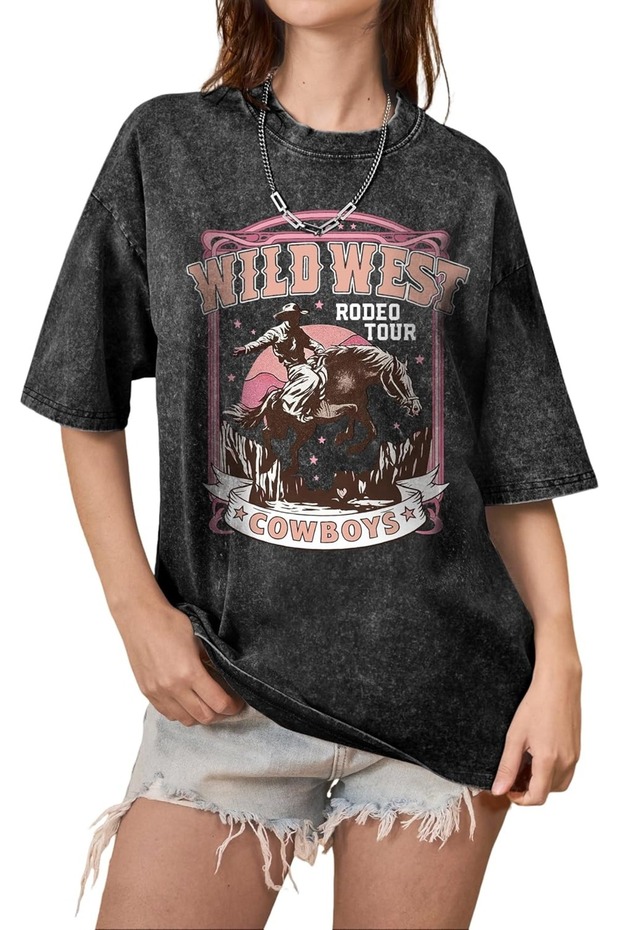 Women's Wild West Cowboy Rodeo Printed Washed Oversized T-Shirt 100% Cotton