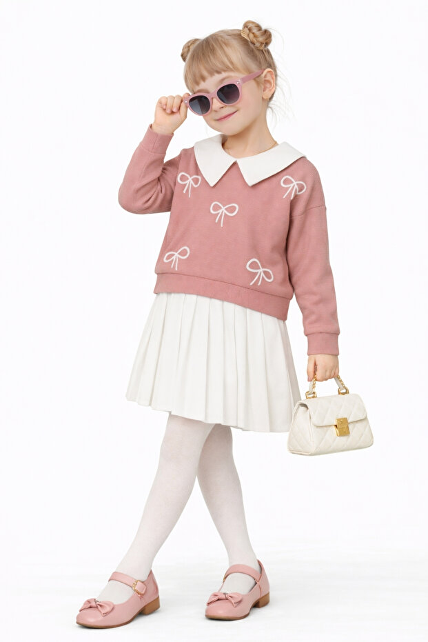 Girl's Collared Bowknot Sweatshirt Pleated Skirt 2-Piece Set Ak14513