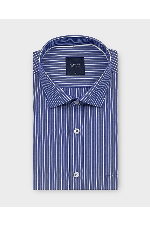 Men's Regular Fit Long Sleeve Classic Collar Striped Dark Blue Shirt 3784Km