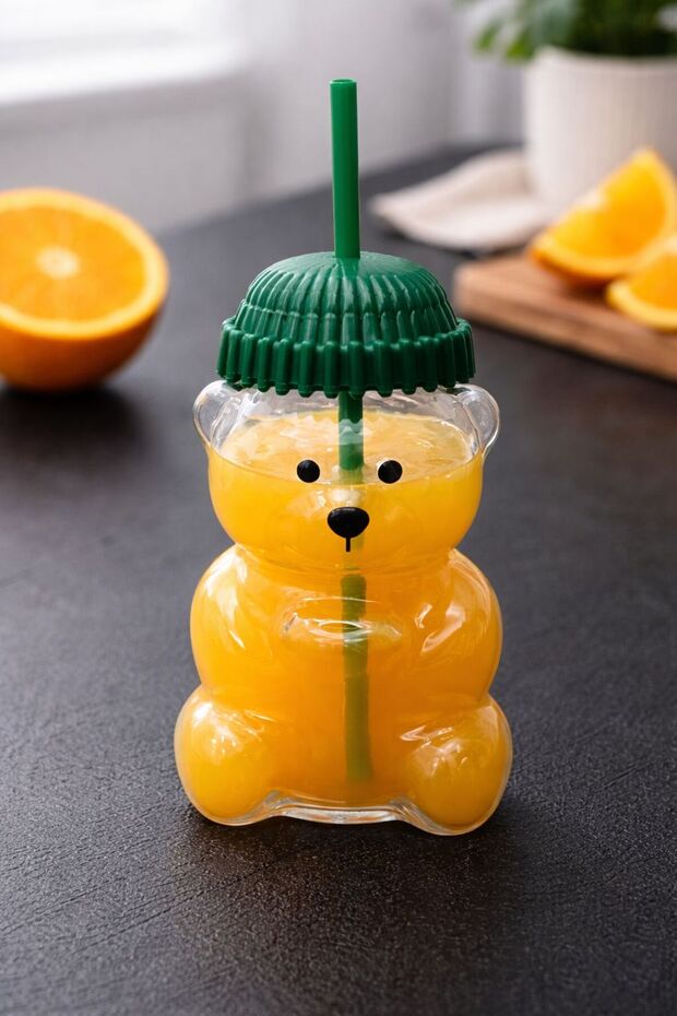 Goggy Bear Fenomen Barista Glass Cup Teddy Bear Print Glass Flask with Straw