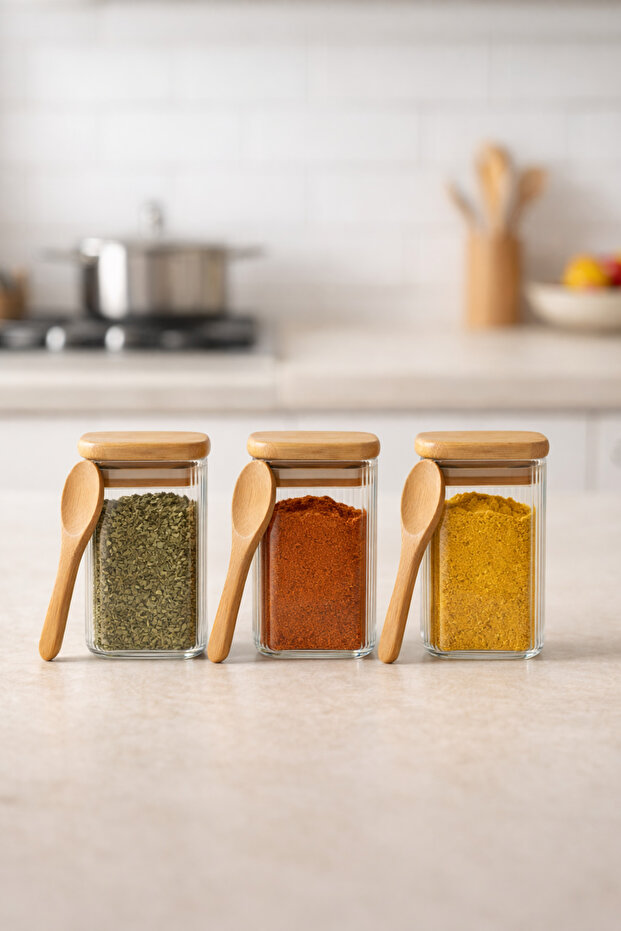 Bamboo Set of 3 Jars with Lids, Spoons, Handles and Seals 300ml Kw-373E