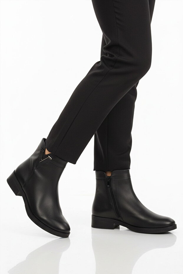 Black Genuine Leather Women's Heeled Boots with Fleece Inside
