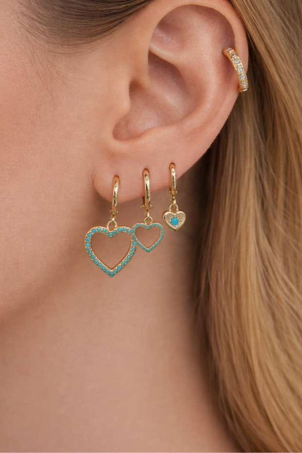 Turquoise Stone Heart Triple Hoop Earring Set – Minimal Heart Charm Earring Combination