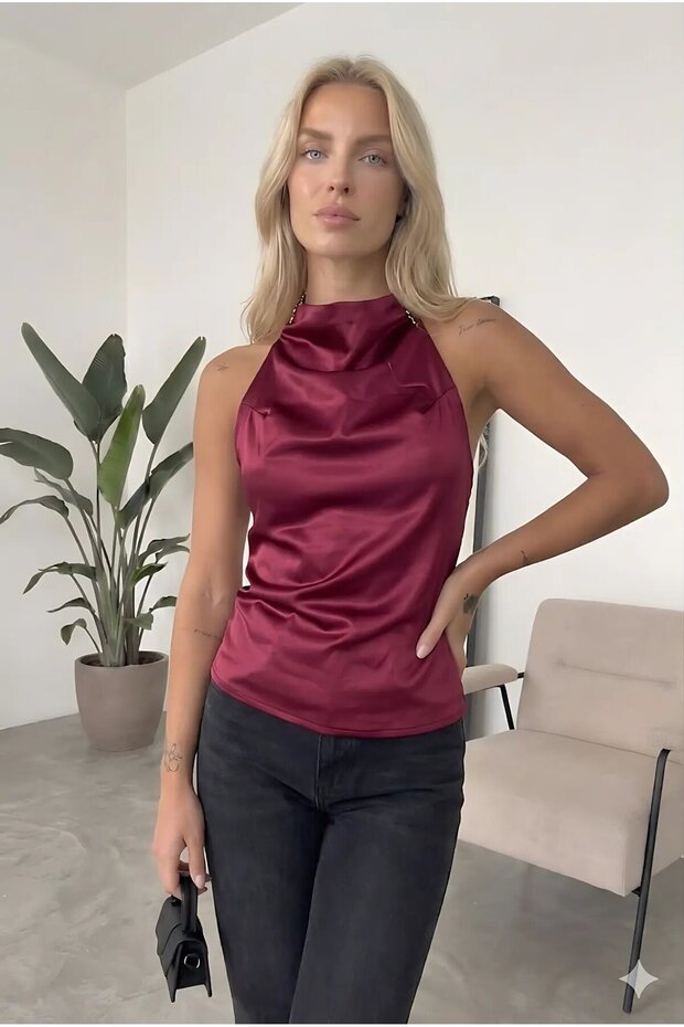 Women's Burgundy Halter Neck Satin Fabric Backless Blouse Hzl26W-Fry123801