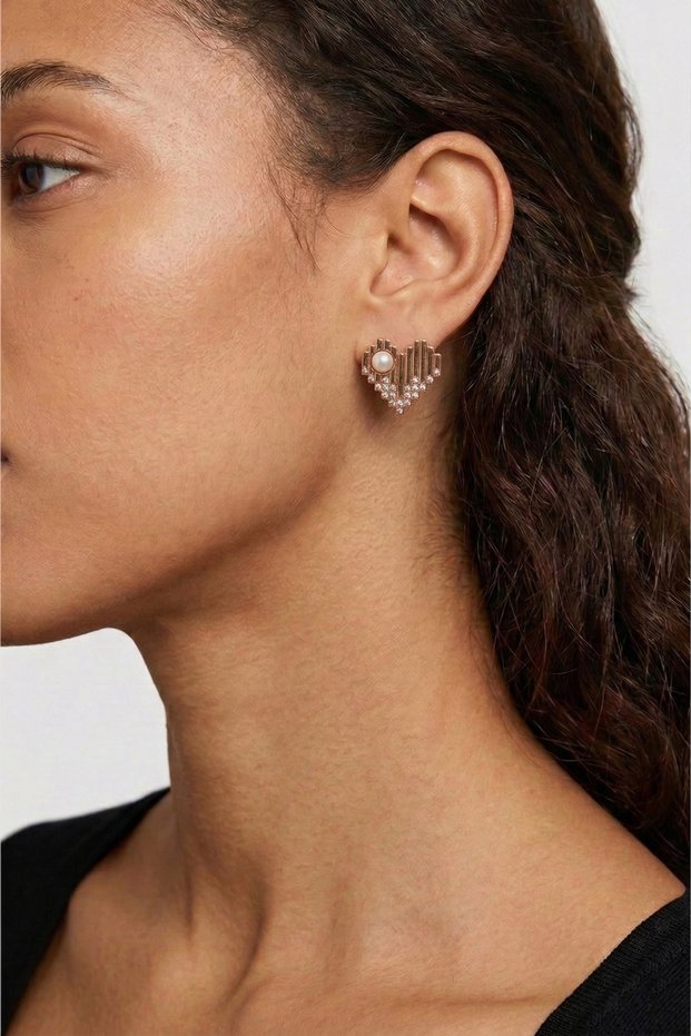 Heart Shaped Rose Gold Bijoux Earrings with Pearls and Zircon Stones
