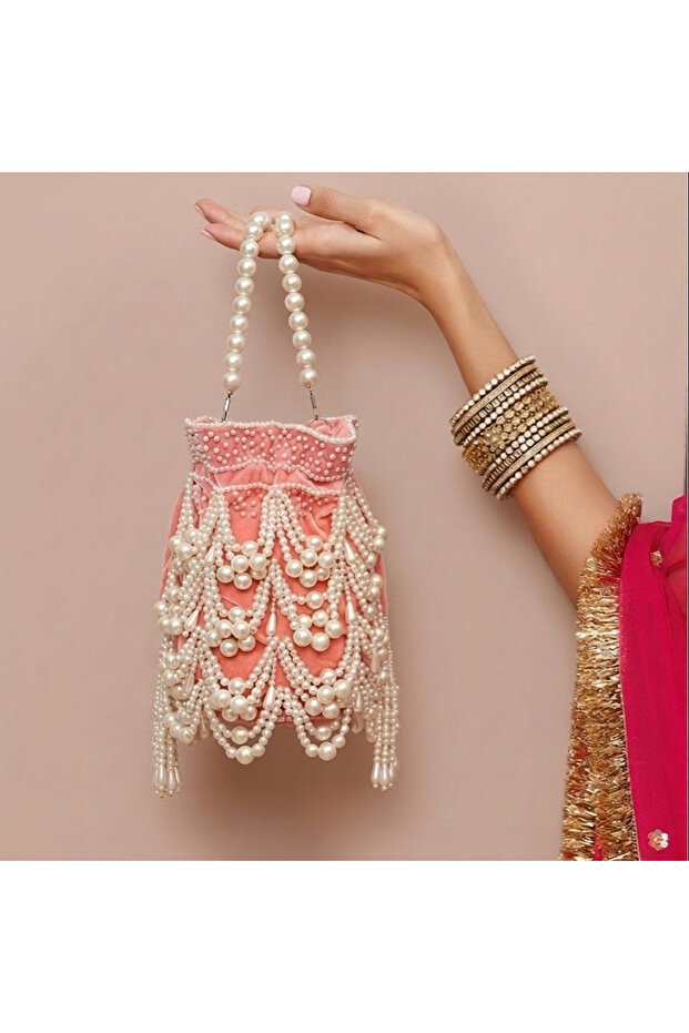 Luxurious Pink Pearl Potli with Heavy Beading - Traditional Indian Bag Blush Pink