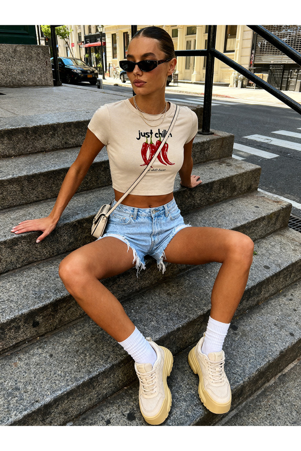 Women's Cotton Lu Stretch Fabric Just Chillin Printed Casual Cropped