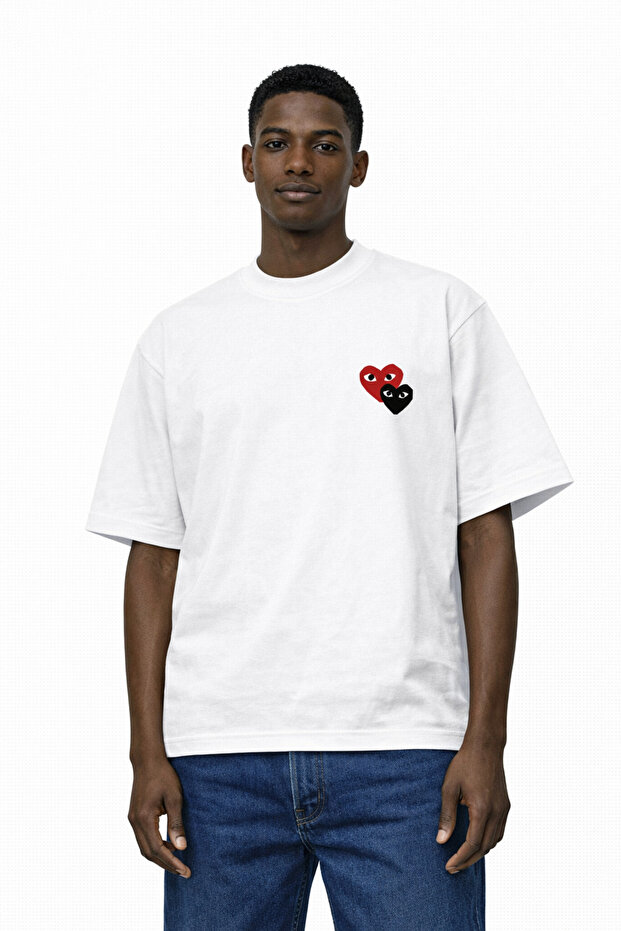 Unisex Women's Men's Commedes 2-Piece Heart Front Printed Oversized Thick Fabric Relaxed Cut Cotton T-Shirt