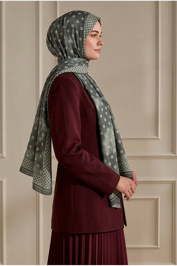 Gray Bordered Polka Dot Patterned Kraş Shawl - 1