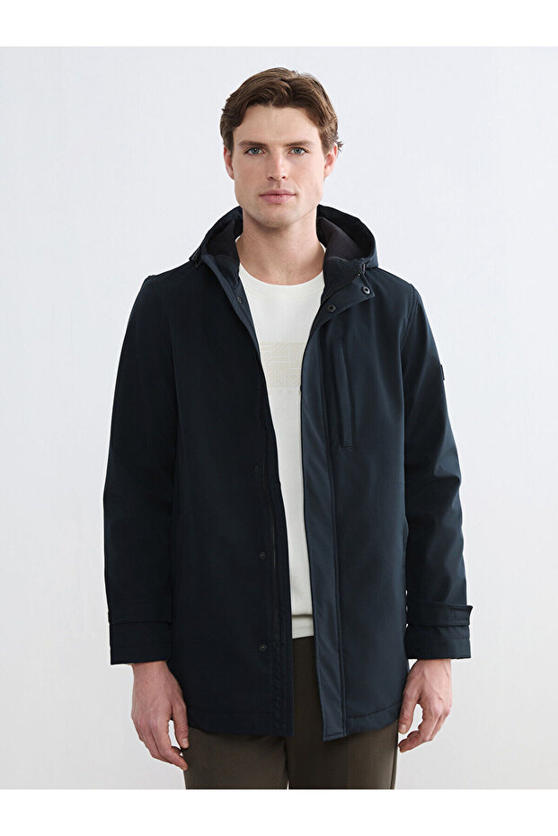 Navy Blue Standard Fit Hooded Men's Raincoat