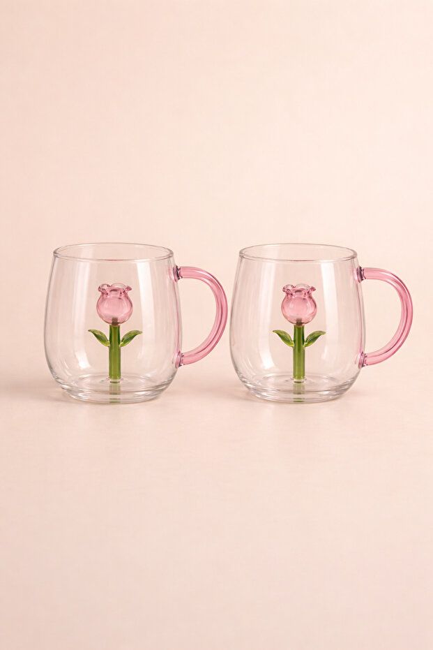Pink Handled Glass Tulip Design Mug Set of 2 Decorative Glass Coffee and Tea Cups