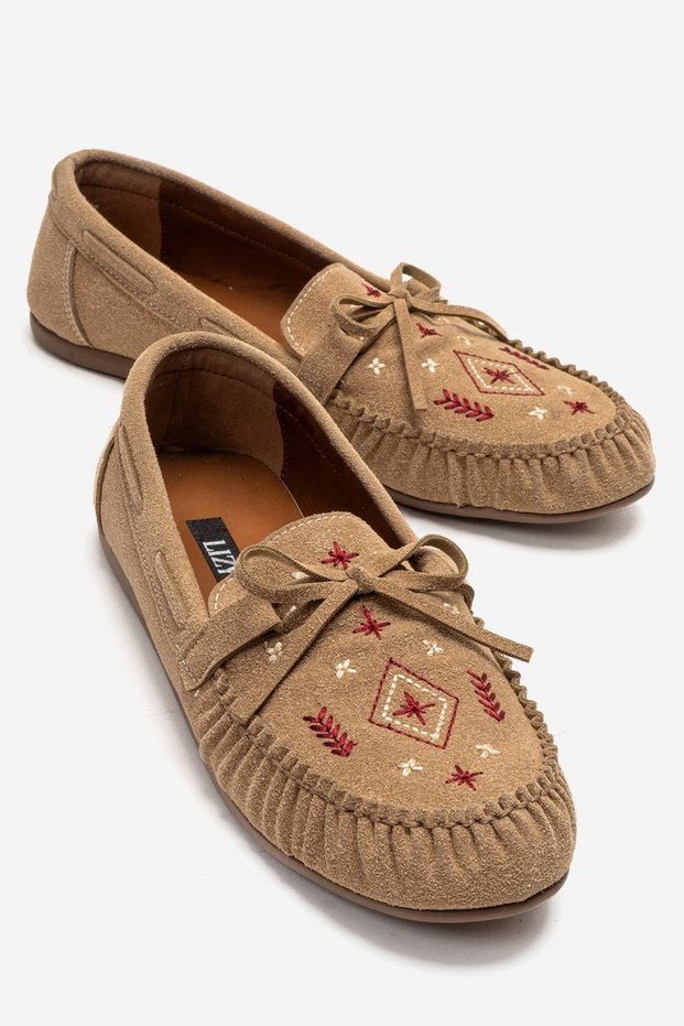 Women's Beige Embroidered Moccasin Ballet Flats Daily Comfortable Suede-Look Stylish Shoes