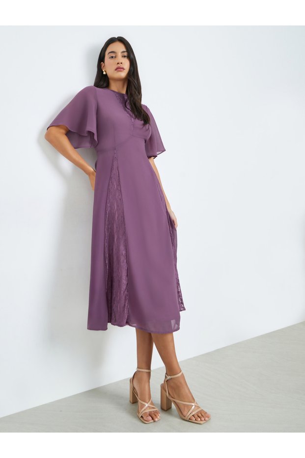 Purple Lace Detail Short Sleeves A-Line Midi Dress