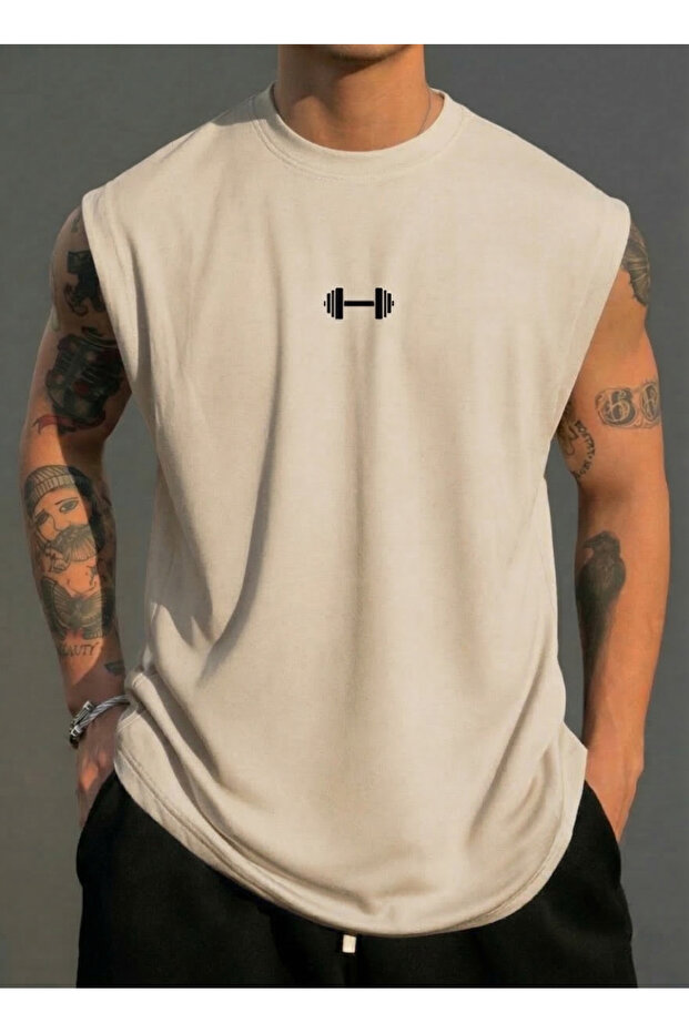 تي شيرت رجالي من Dumbbell Danbıl مطبوع Zero Sleeve Crew Neck