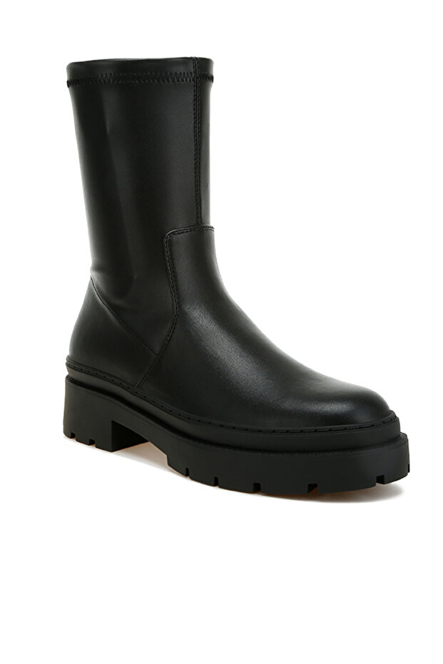 Women Chunky Faux Leather Calf Boots in Black