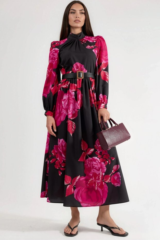 Msn Floral Print Belt Piece Long Dress, Half Fisherman Collar Detail