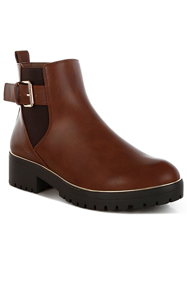 Women Chunky Buckle Detail Ankle Boots in Tan