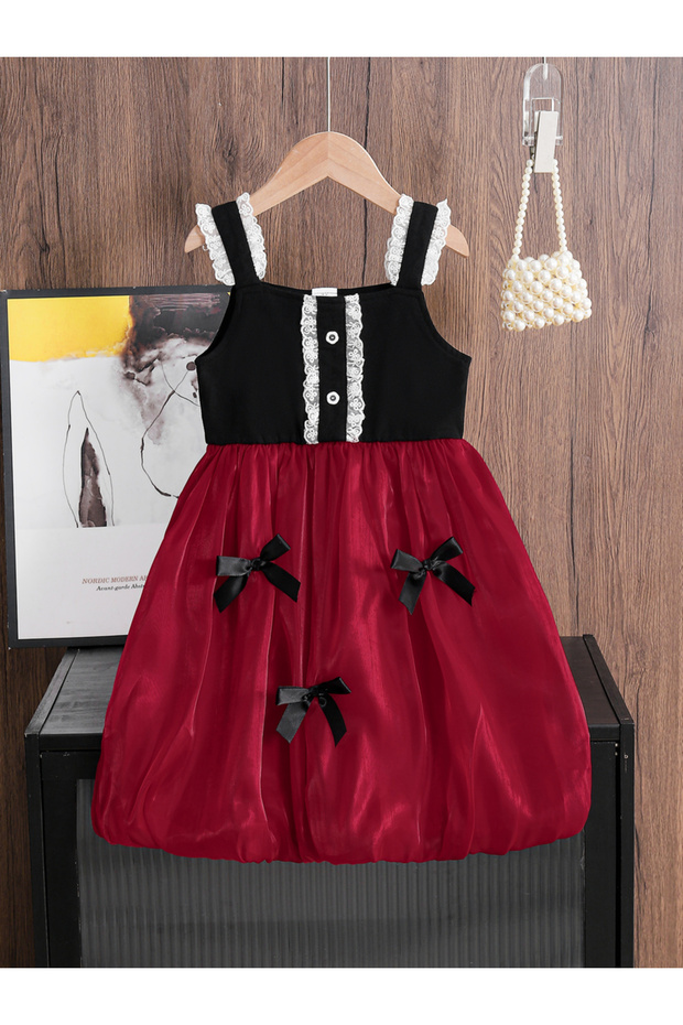 Girls Bow Detail Sleeveless Ruffled Detail Dress