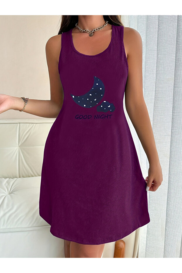 Purple Printed Sleeveless Nightdress