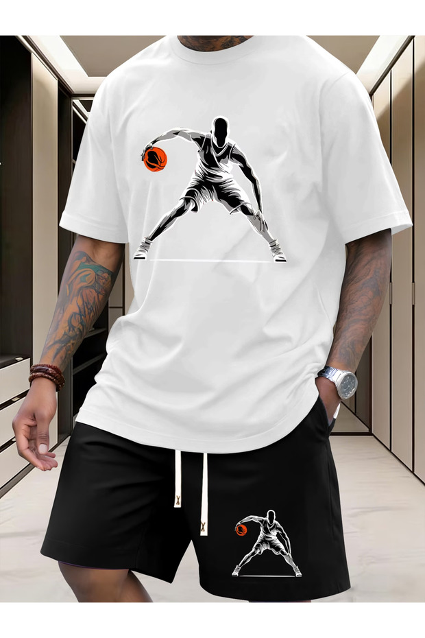 Basketball Printed white t-shirt black shorts knitted top and bottom set