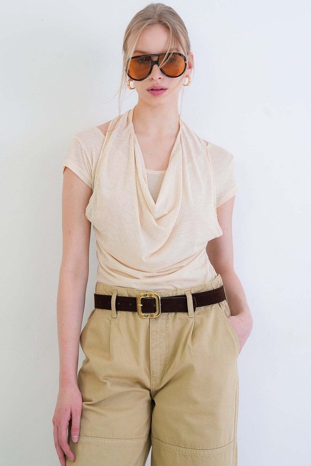 Beige Pool Collar Detailed Transparent Knitted Blouse Alc-X15395