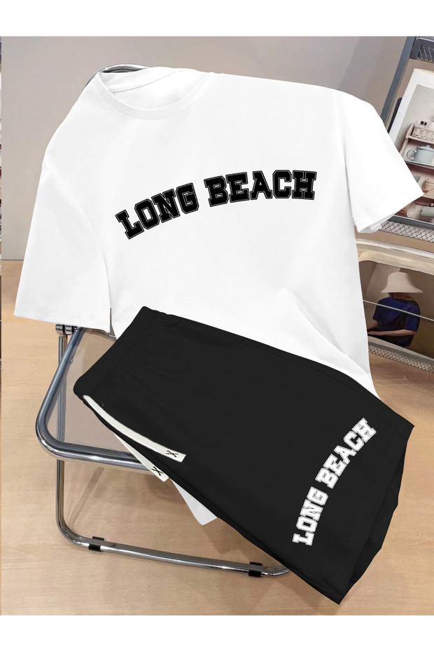 Long Printed white t-shirt black shorts knitted top and bottom set
