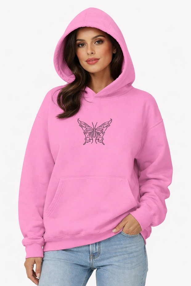 -Women's Lines with Stones Printed Butterfly Black Sweatshirt 3 Threads Compact Fabric (Inside P Cotton U)