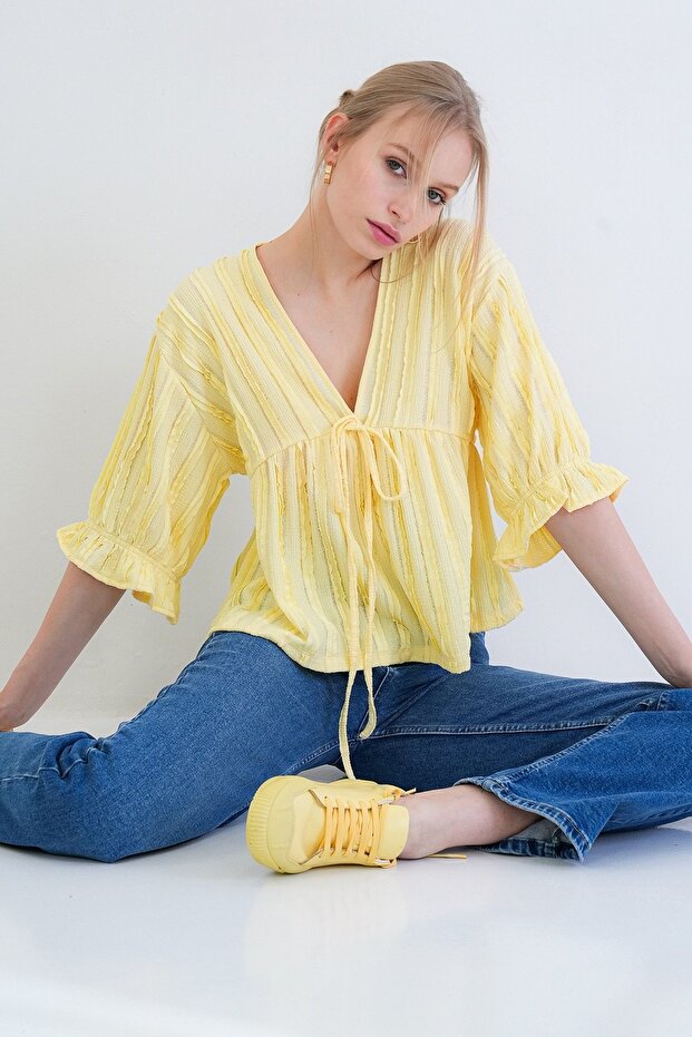Yellow V-Neck Three-Quarter Sleeve Elastic Ruffle Fabric Blouse Alc-X15414