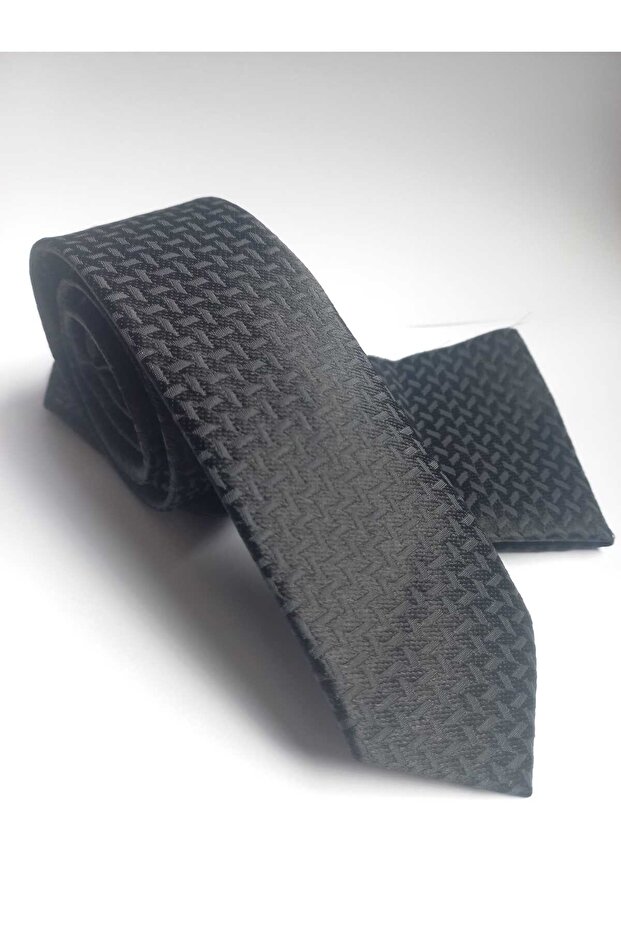 Black Patterned Thin Tie and Handkerchief Set 5.5cm