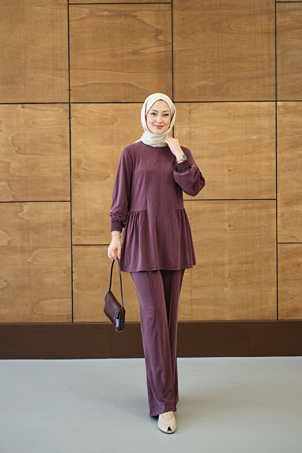 Women's Front Hem and Drawstring Detail Double Set in Plum Color