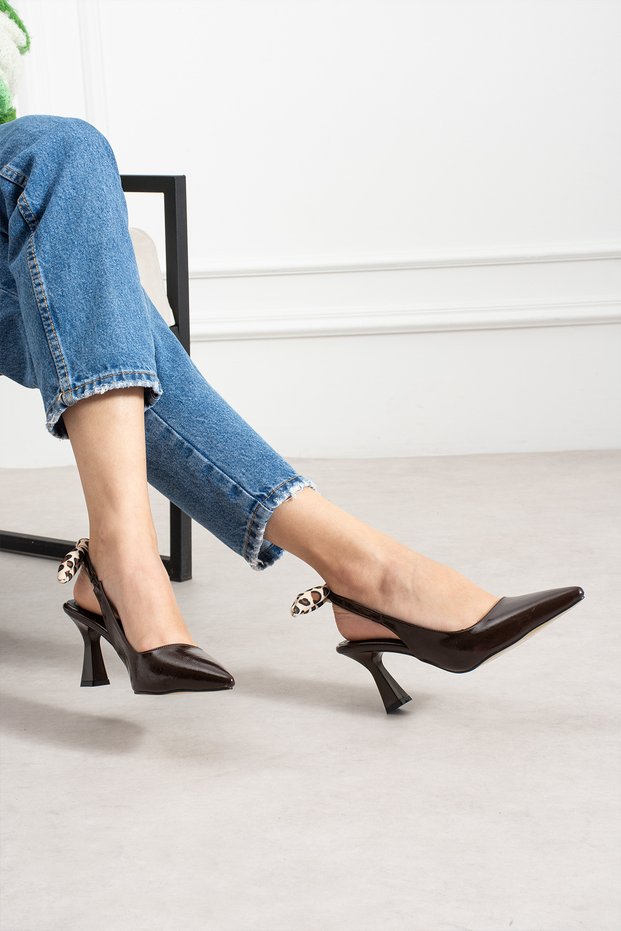 Brown Women's Pointed Toe Leopard Bow Detail Stylish Slingback Heeled Shoes Mp03